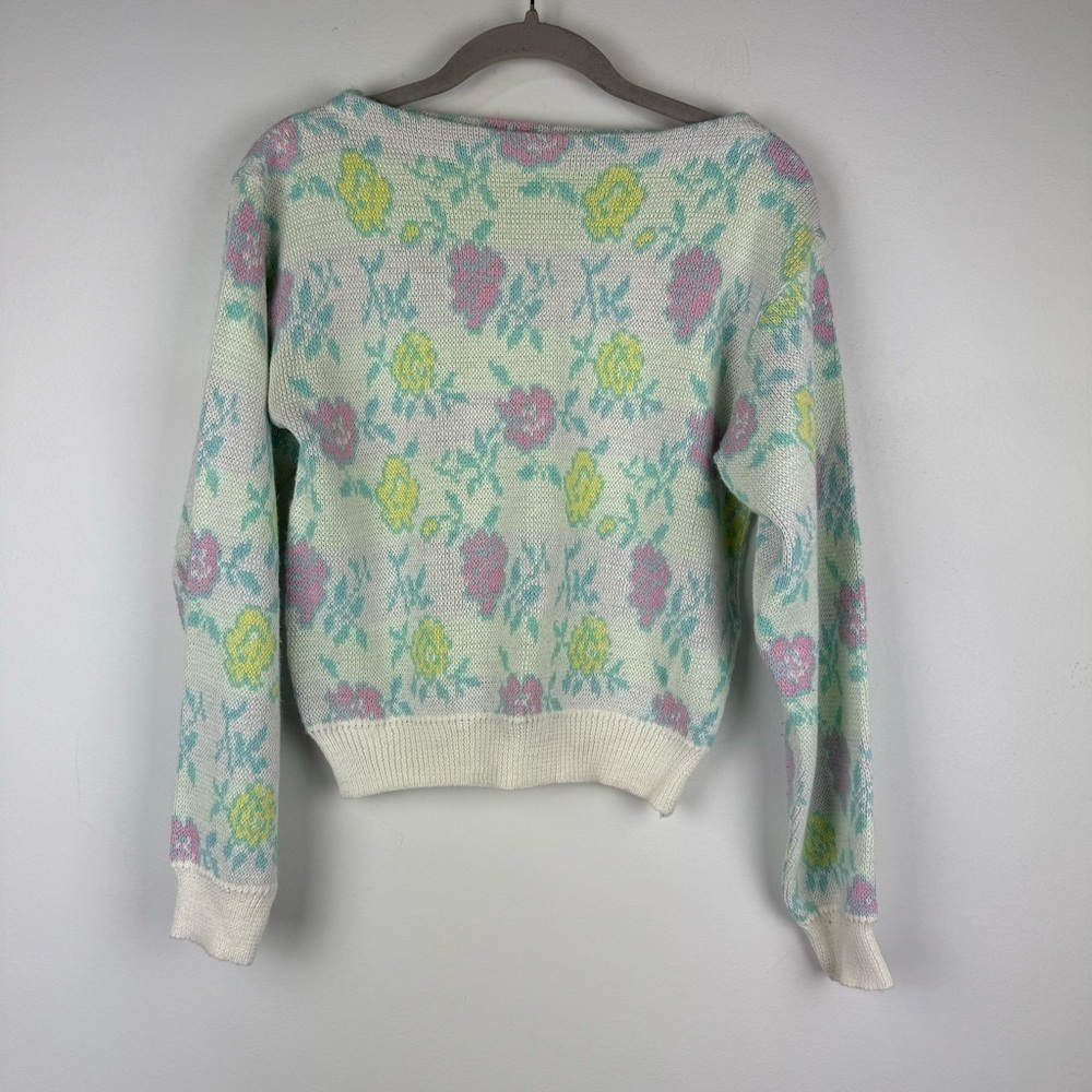 Vintage Snapdragon Floral Pastel Boatneck Sweater, Size Small